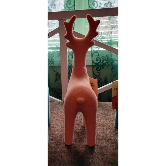Deer Figurines in Coral Orange Joyward Flocked 9.6" Soft Feel, Set of 2 - NEW - Picture 4 of 7